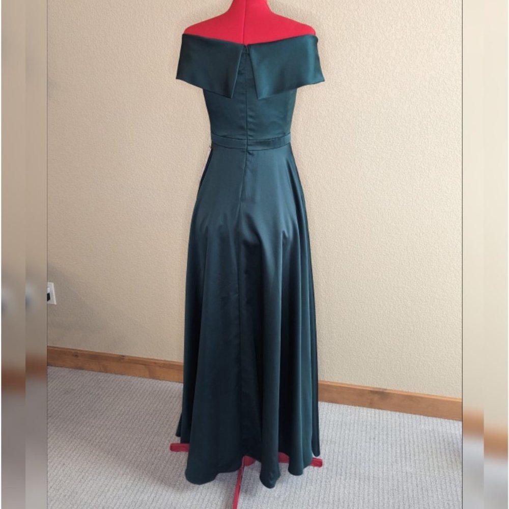 XSCAPE - EMERALD GREEN SATIN OFF SHOULDER GOWN-DRAPED NECK - Picture 4 of 7
